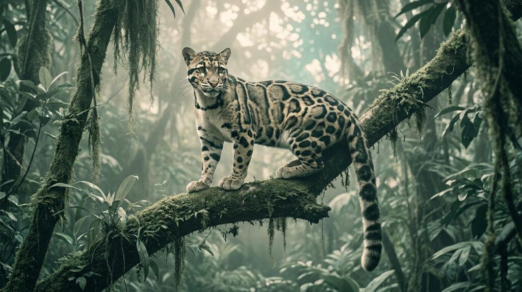 Une panthère nébuleuse perchée sur une branche moussue dans une forêt tropicale brumeuse.