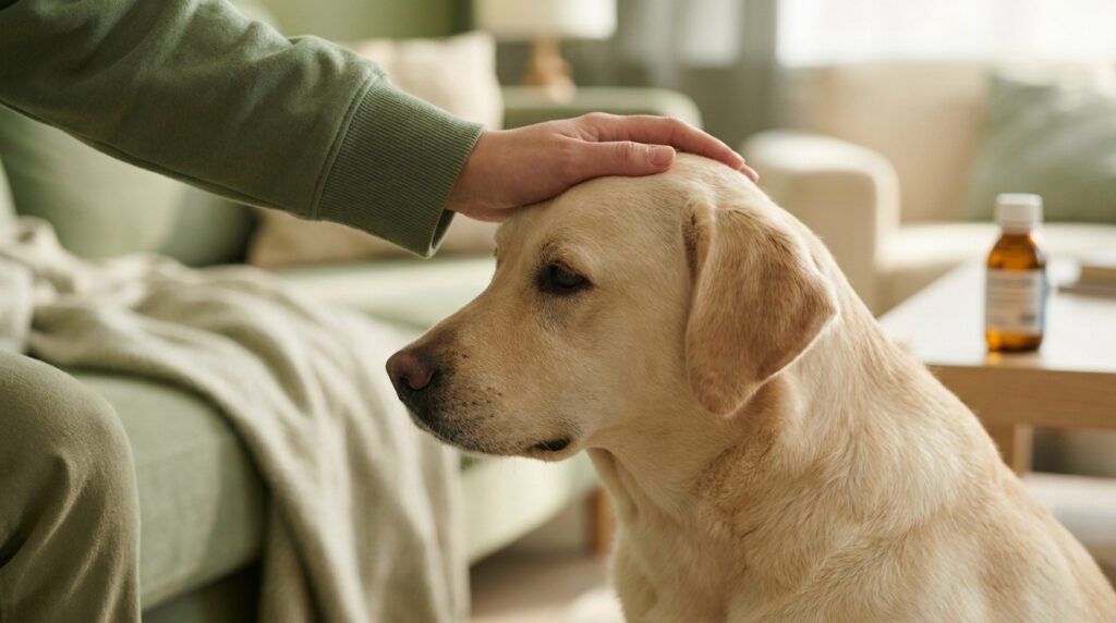 Une personne caresse doucement un chien de type labrador beige, avec un flacon de médicament flou sur la table.