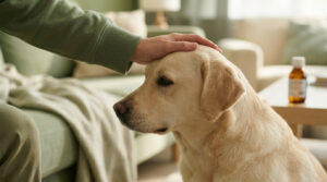 Une personne caresse doucement un chien de type labrador beige, avec un flacon de médicament flou sur la table.
