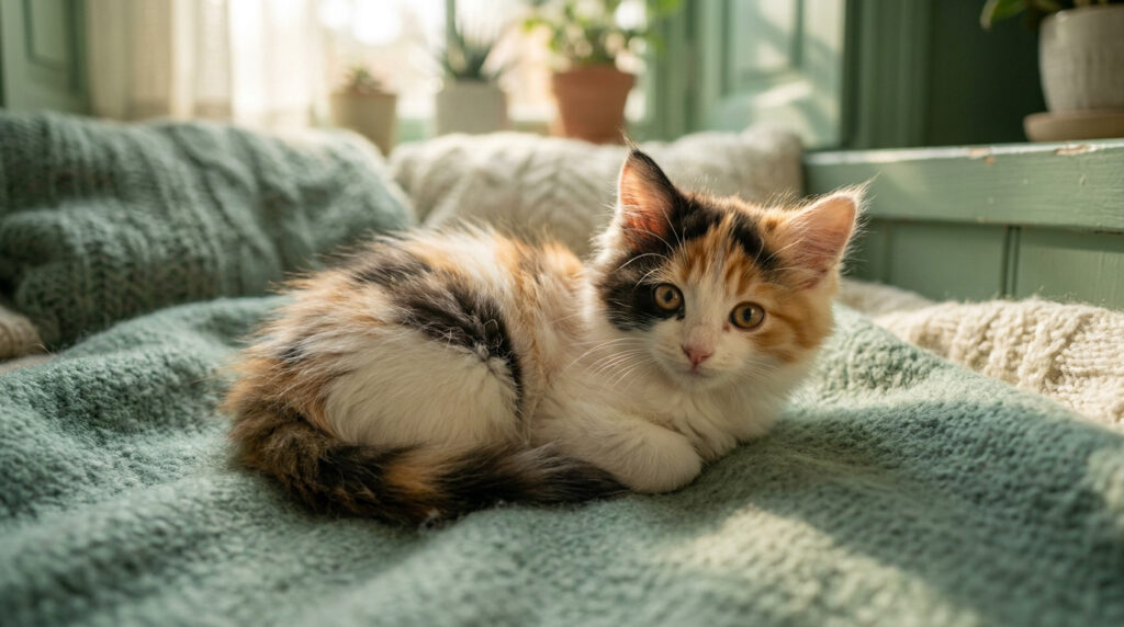 Un adorable chaton tricolore couché sur une couverture en laine, baigné par la lumière du soleil près d'une fenêtre.