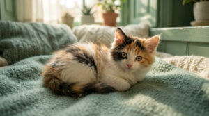 Un adorable chaton tricolore couché sur une couverture en laine, baigné par la lumière du soleil près d'une fenêtre.