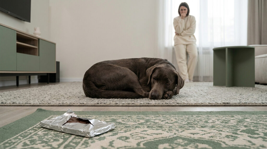 Un chien brun couché sur un tapis près d'un emballage de chocolat ouvert avec sa propriétaire inquiète en arrière-plan.