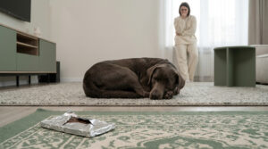 Un chien brun couché sur un tapis près d'un emballage de chocolat ouvert avec sa propriétaire inquiète en arrière-plan.