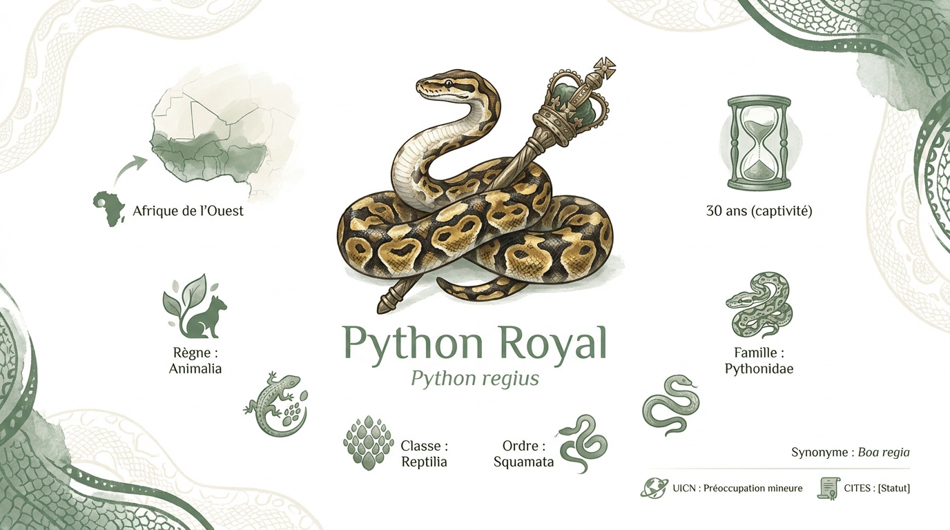 Python royal enroulé montrant ses motifs caractéristiques noirs et marron