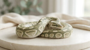 Un python royal aux écailles dans les tons vert olive et crème, enroulé sur une surface claire.
