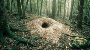 Entrée d'un terrier de renard creusé dans un monticule de terre au milieu d'une forêt moussue.