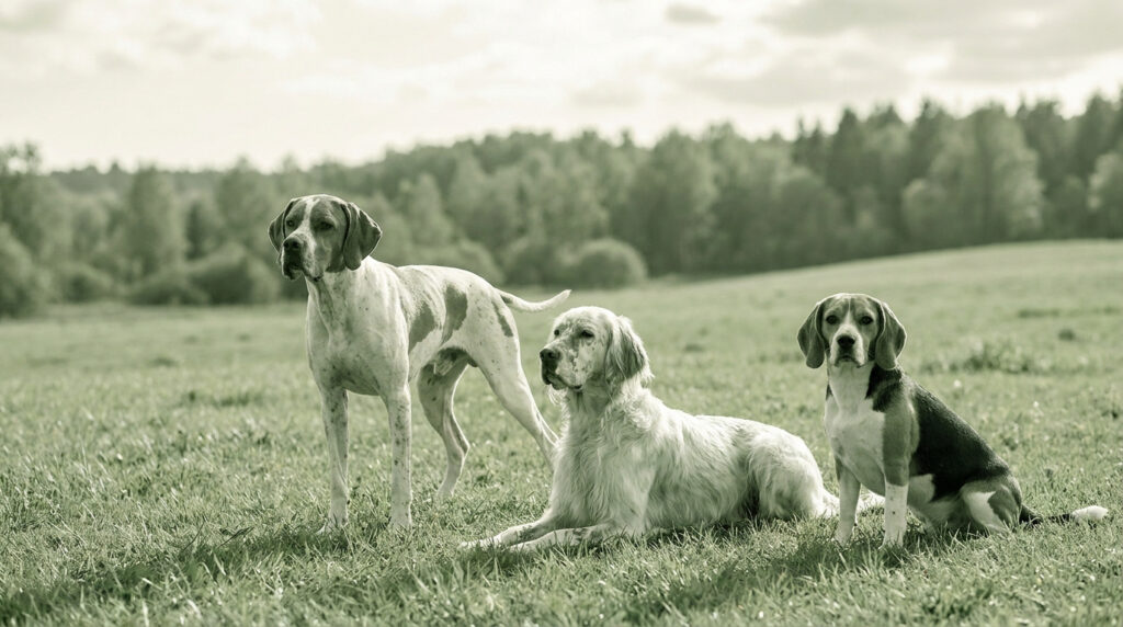 Trois chiens de chasse, un Pointer, un Setter et un Beagle, posant ensemble dans une prairie en plein air.