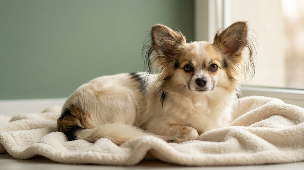 Un adorable chien croisé Chihuahua et Papillon aux oreilles poilues, couché sur une couverture douce.