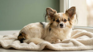 Un adorable chien croisé Chihuahua et Papillon aux oreilles poilues, couché sur une couverture douce.