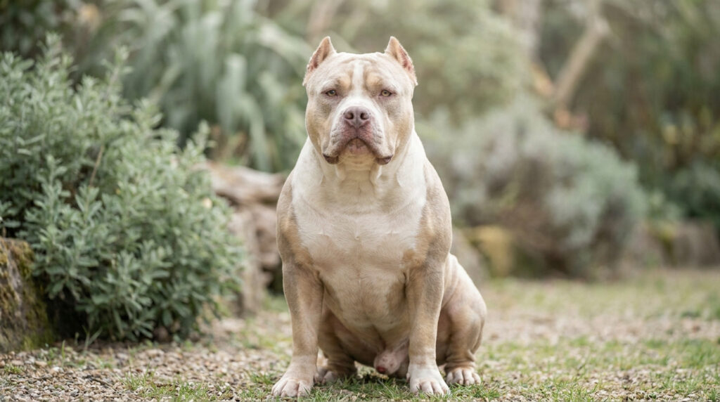 Un chien American Bully XXL au pelage crème et blanc assis dans un jardin, regardant fixement l'objectif.