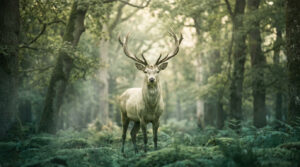 Un cerf élaphe majestueux avec de grands bois se tient debout au milieu d'une forêt française brumeuse.