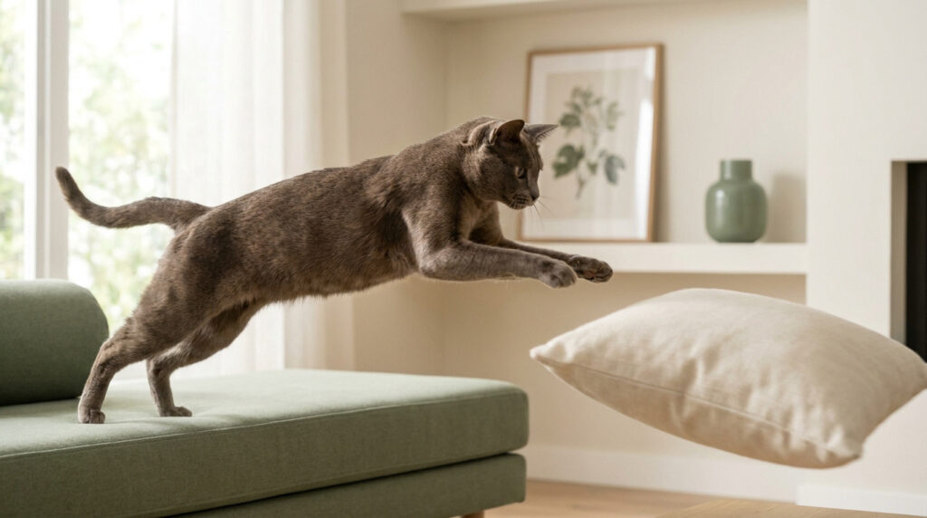 Un chat gris athlétique bondit depuis un canapé vert vers un coussin volant dans un salon lumineux.