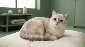 Un chat beige aux yeux bleus est assis sur un coussin blanc dans une pièce aux murs vert sauge.