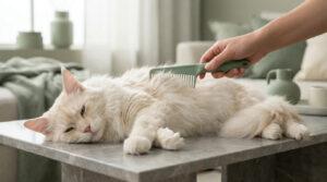 Une personne brosse un chat blanc à poils longs allongé sur une table en marbre dans un intérieur calme.