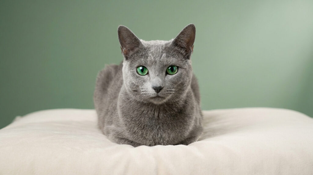 Chat bleu russe au pelage gris argenté et aux yeux verts éclatants, assis sur un coussin beige devant un fond vert.