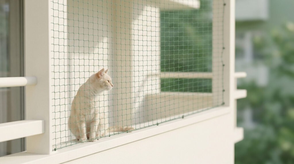 Un chat crème est assis sur un balcon sécurisé par un filet de protection vert.