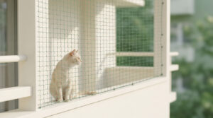 Un chat crème est assis sur un balcon sécurisé par un filet de protection vert.