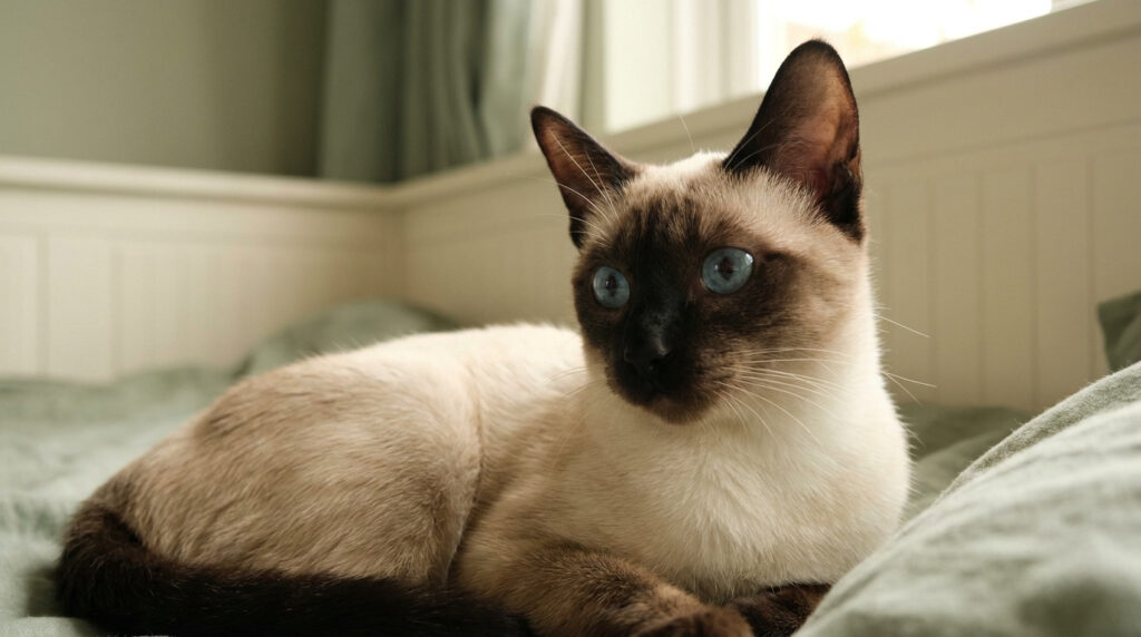 Un chat siamois au pelage clair et aux points foncés, allongé sur un lit avec des yeux bleu vif.