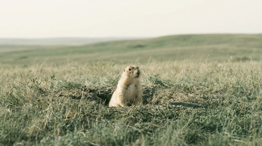 Un chien de prairie sortant de son terrier au milieu d'une vaste prairie herbeuse sous un ciel clair.
