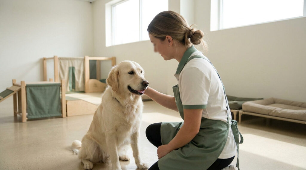 Une éducatrice en tablier vert caresse un Golden Retriever dans une crèche canine moderne et lumineuse.