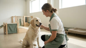 Une éducatrice en tablier vert caresse un Golden Retriever dans une crèche canine moderne et lumineuse.