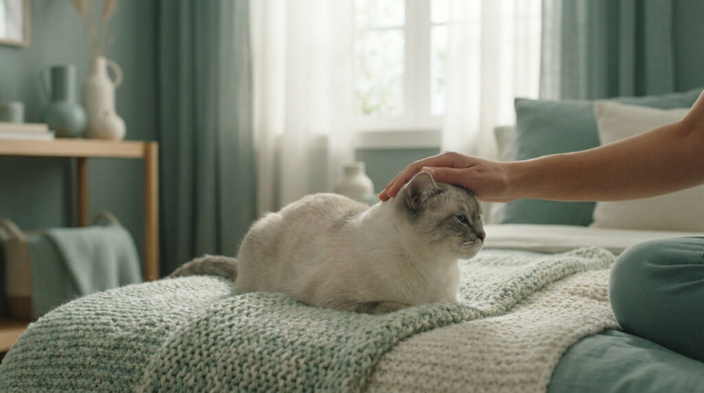 Une main caresse la tête d'un chat au pelage clair assis sur un lit dans une chambre aux tons verts apaisants.