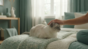 Une main caresse la tête d'un chat au pelage clair assis sur un lit dans une chambre aux tons verts apaisants.