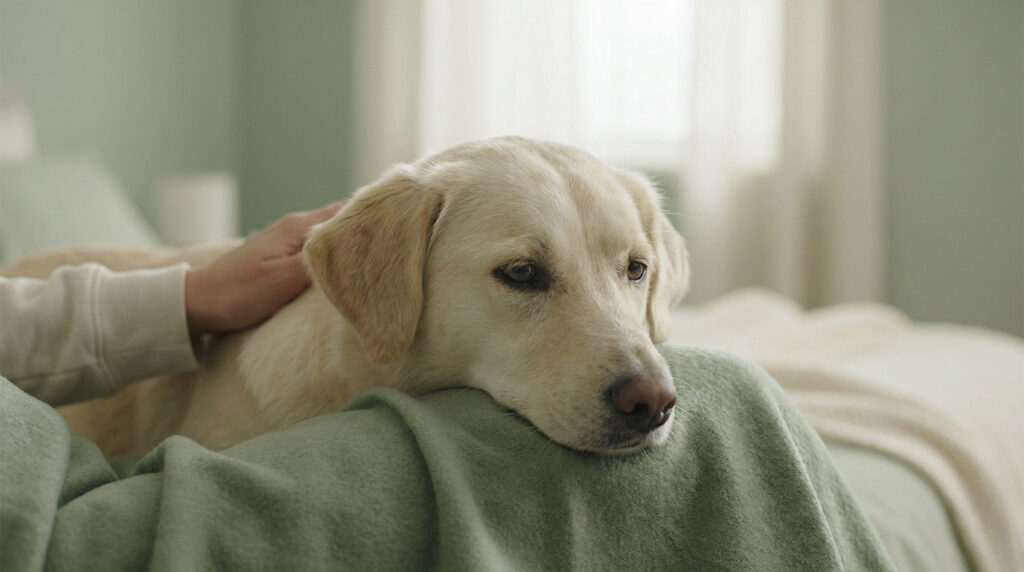 Un chien labrador blond au repos, caressé par son propriétaire, dans une ambiance douce et apaisante.