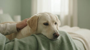 Un chien labrador blond au repos, caressé par son propriétaire, dans une ambiance douce et apaisante.