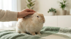 Une main caresse tendrement un lapin beige aux oreilles tombantes assis sur un plaid vert et blanc dans un intérieur.