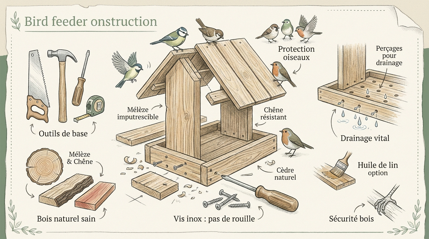 Assemblage manuel d'une mangeoire à oiseaux en bois brut dans un atelier