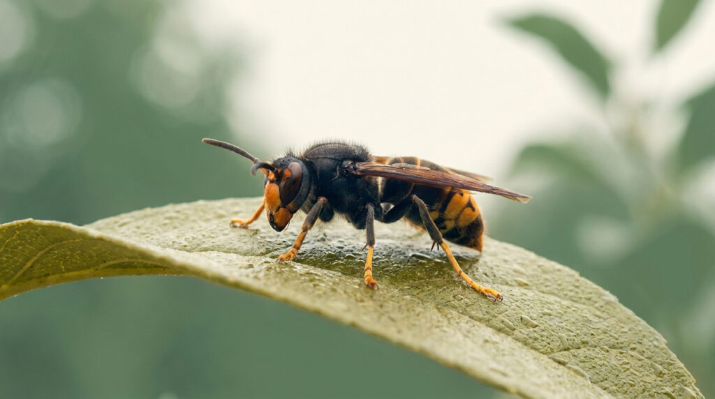 Un frelon asiatique au corps sombre et rayé jaune, posé en gros plan sur une feuille verte humide.