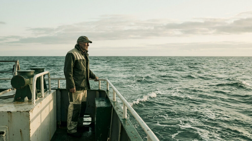 Paul Watson, en tenue de marin, observe l'horizon depuis le pont d'un navire en mer.