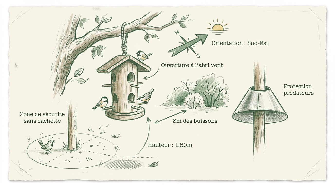 Installation sécurisée d'une mangeoire à oiseaux en bois dans un jardin calme