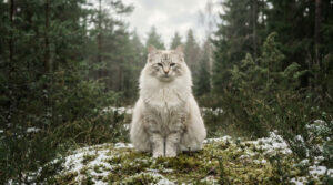 Un majestueux chat norvégien au pelage clair assis au milieu d'une forêt enneigée.