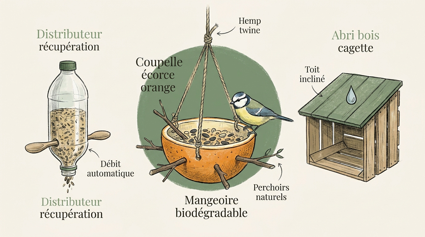 Différents modèles de mangeoires artisanales suspendues dans un jardin pour nourrir les oiseaux en hiver