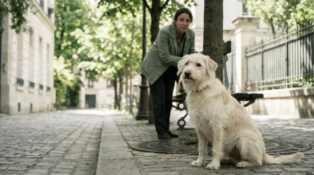 Une femme préoccupée observe un chien errant au pelage beige assis sur un pavé dans une rue calme.