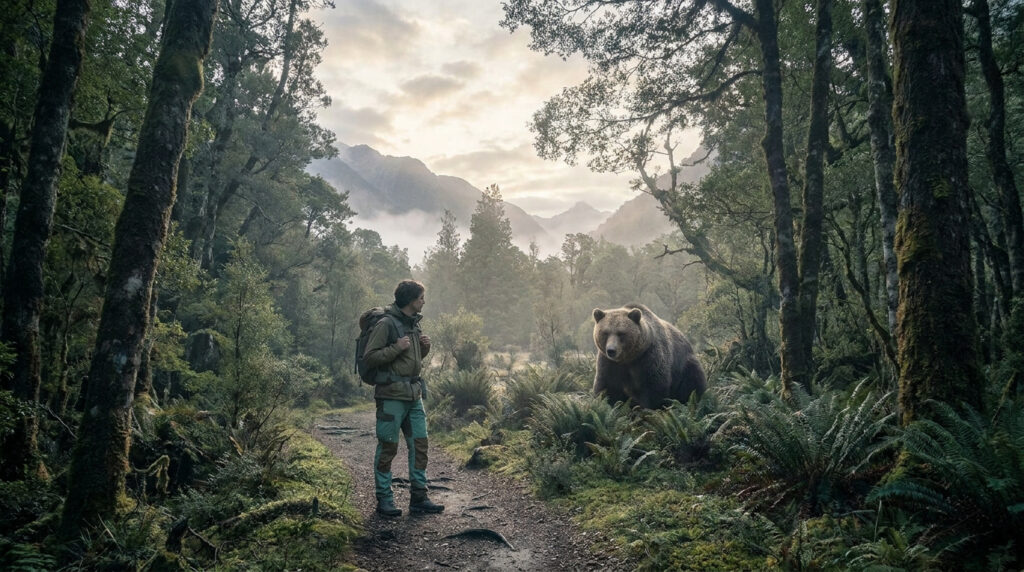Un randonneur équipé d'un sac à dos fait face à un ours brun sur un sentier dans une forêt brumeuse et montagneuse.