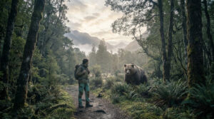 Un randonneur équipé d'un sac à dos fait face à un ours brun sur un sentier dans une forêt brumeuse et montagneuse.