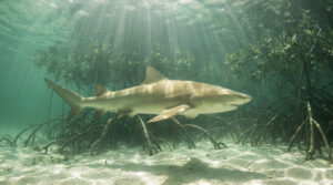 Un requin citron nage sous les racines d'une mangrove avec des rayons de soleil perçant la surface de l'eau.