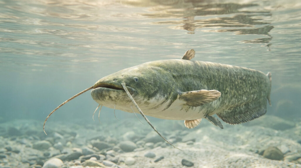 Un gros poisson-chat nageant dans des eaux claires et peu profondes avec un fond de galets.