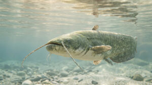 Un gros poisson-chat nageant dans des eaux claires et peu profondes avec un fond de galets.