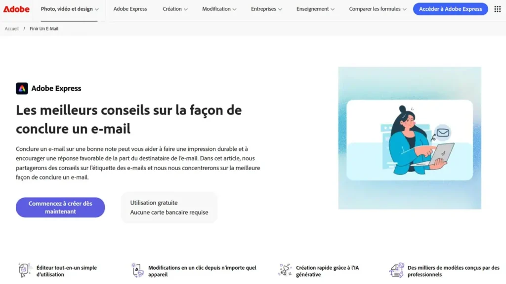 Capture d'écran d'une page du site d'Adobe, qui dévoile comment conclure professionnellement et naturellement un email avec ces clients.