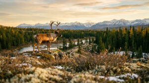 Un caribou majestueux se tient sur une colline rocheuse devant une forêt de conifères et des montagnes enneigées.