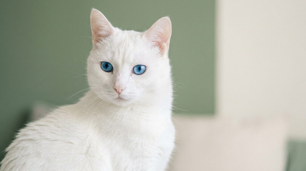 Portrait d'un chat au pelage blanc immaculé et aux yeux d'un bleu éclatant sur fond vert pastel.