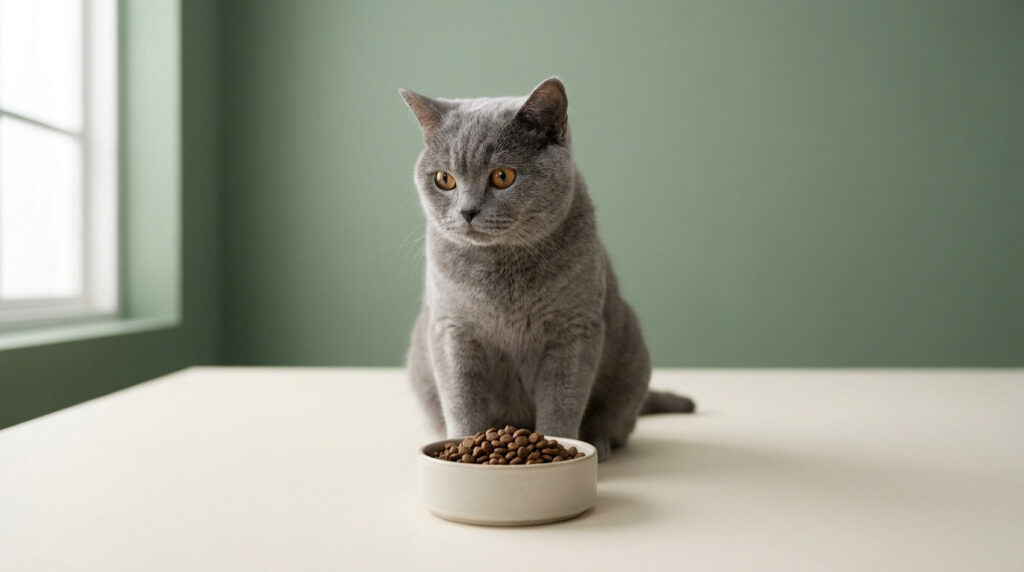 Un chat British Shorthair gris assis devant un bol de croquettes sur une table, fond vert épuré.