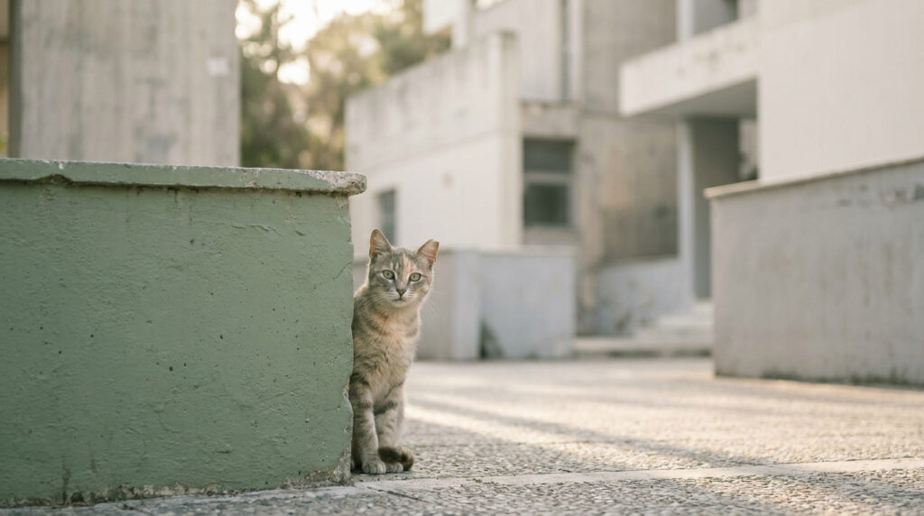 Un chat errant gris et beige observe prudemment depuis le coin d'un muret en béton dans un décor urbain.