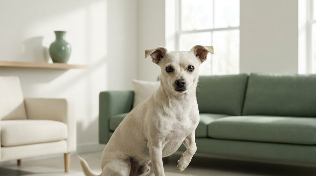 Petit chien beige aux oreilles dressées assis dans un salon moderne et lumineux.