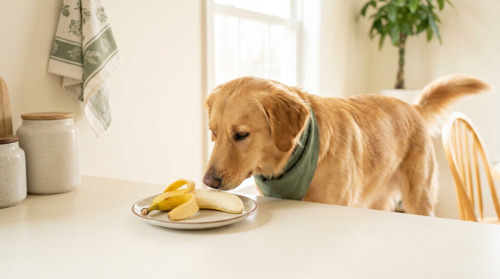 Un golden retriever portant un bandana vert renifle une banane pelée sur une assiette dans une cuisine lumineuse.