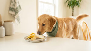 Un golden retriever portant un bandana vert renifle une banane pelée sur une assiette dans une cuisine lumineuse.